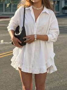休闲落肩长袖白色荷叶边纽扣衬衫，春夏款 - 白色 - 查看 10