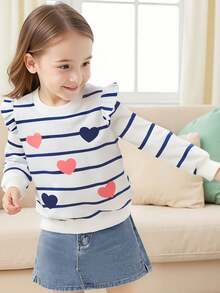 Young Girl Heart Printed Round Neck Knitted Sweatshirt With Ruffle Trimmed Long Sleeve - Blue and White - View 5