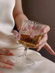 1个粉色蝴蝶造型高脚玻璃杯，ins风高品质果汁/咖啡/牛奶杯 - 彩色 - 查看 1