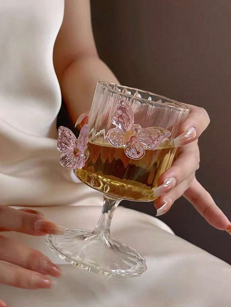 1个粉色蝴蝶造型高脚玻璃杯，ins风高品质果汁/咖啡/牛奶杯 - 彩色 - 查看 1