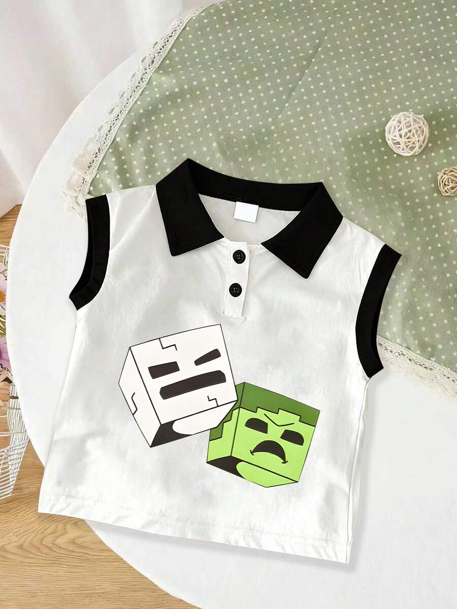 Boys' Cartoon Pattern Cool Style Sleeveless Polo Shirt, Boys' Tank Top, Children's Clothing, New Boys' Spring/Summer Top - Multicolor - View 1