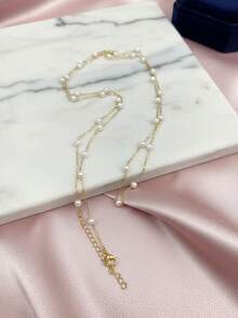 1 件金色不锈钢 18K 镀层链条配人造珍珠长项链，优雅奢华风格，适合日常佩戴 - 金色 - 查看 5