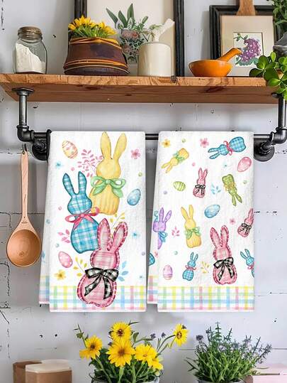 2pcs Easter Kitchen Towels, Size 40*48cm, Colorful Plaid Easter Bunny & Egg Pattern, Absorbent Hand Towels, Cartoon Rabbit Dish Cloths, Easter Gifts, Easter Home Decor