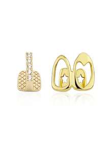2026 New Collection Of Fine Jewelry2pcs/Set Hip-Hop Hollow Out Heart Stick Diamond Double Tooth Set, Daily Street Fashion Cool Smooth Gold Teeth - 金子 - 查看 2