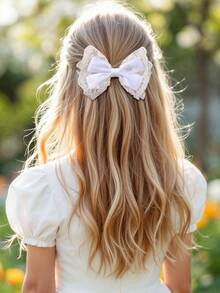 2个白色蕾丝蝴蝶结发夹，优雅蕾丝蝴蝶结发夹，粉色丝带蝴蝶结鳄鱼夹，适合女孩节日婚礼派对头饰，儿童宝宝发饰 - 白色 - 查看 2