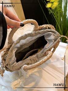 1 chiếc túi tote bằng rơm hình bán nguyệt rỗng thời trang, thích hợp cho kỳ nghỉ biển. - Màu Khaki - Xem 4