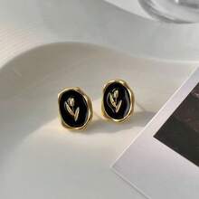 1 对复古、优雅、简约时尚的椭圆形花朵黑色油滴耳环，独特的经典设计，适合女性佩戴，适合日常约会和通勤。 - 彩色 - 查看 3