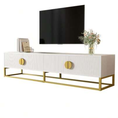 180 Cm White Modern TV Cabinet - 4-Door Design With Semi-Circular Handles, Perfect For Living & Dining Rooms