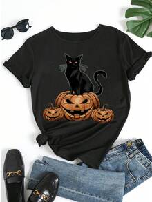 Camiseta feminina casual de manga curta com estampa de Halloween - Camiseta fofa com estampa de gato preto e abóbora - Ideal para festas, feriados e uso diário - Gola redonda - Tecido macio - Preto - Ver 5