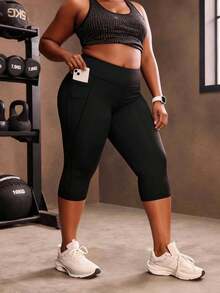 大码女士柔软高腰弹力七分紧身裤，休闲运动跑步紧身裤，带口袋，适合户外、骑行、瑜伽等运动 - 黑色 - 查看 2