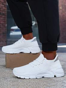 White Platform Sneakers For Men, Chunky Sole Knit Shoes, Breathable Mesh Casual Shoes, Lightweight Walking Shoes - Cool Comfort Gift - 白色 - 查看 1