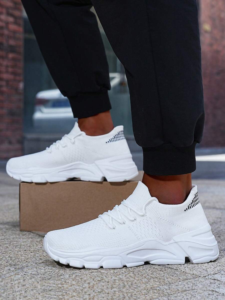 White Platform Sneakers For Men, Chunky Sole Knit Shoes, Breathable Mesh Casual Shoes, Lightweight Walking Shoes - Cool Comfort Gift - 白色 - 查看 1