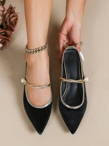 Women's New Pointed Toe Low Heel Mules, Fashionable Slip-On Mary Jane Shoes - Black - View 1