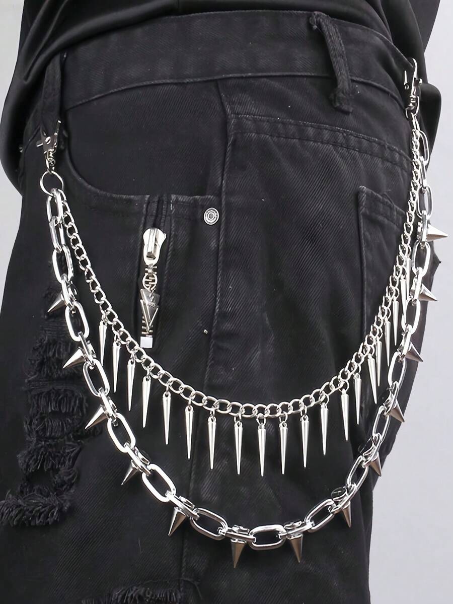 1pc Punk Street Style Double Layer Rivet Metal Chain Jeans Decoration Accessory, Unisex - Rivet Double Trouser Chain - View 1