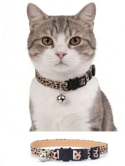 1pc Leopard Print Pet Collar With Bell, Leopard Pattern Lining Leather Won't Hurt Skin, Adjustable Size, Cat Collar