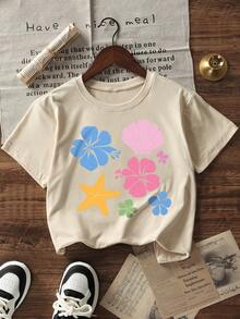 少女休闲印花圆领短袖T恤，夏季上衣 - 杏色 - 查看 4