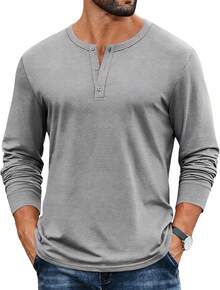 Mens Henley Shirts Cotton Long Sleeve Button Basic Tees Plain Casual Pullover - Light Grey - View 1