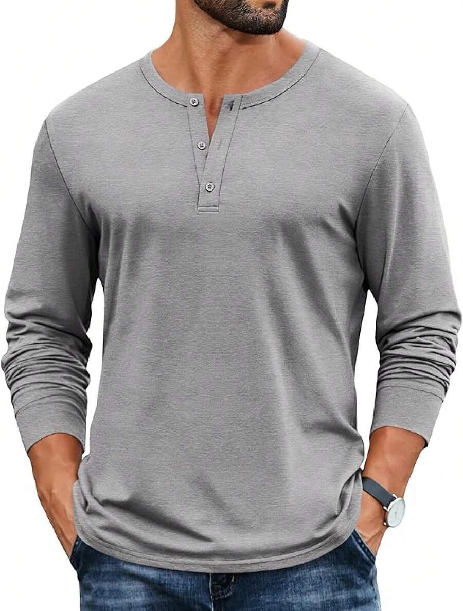 Mens Henley Shirts Cotton Long Sleeve Button Basic Tees Plain Casual Pullover - Light Grey - View 1