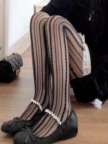 1 Pair Girl's Retro Romantic Vertical Striped Twists Sheer Sexy Slimming Pantyhose - 黑色的 - 查看 5