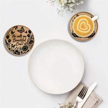 6件套 - 精致咖啡杯垫，圆形木质杯垫 - 生命之树 - 蝴蝶 - 书籍图案，复合木质杯垫，适用于咖啡杯和茶杯，阿拉伯风格派对装饰，家居和餐桌装饰，理想的派对礼物 - 彩色 - 查看 7