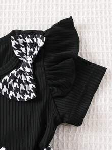 女婴时尚休闲可爱蝴蝶结千鸟格印花圆领短袖连体衣，配发带，夏季 - 黑色 - 查看 5