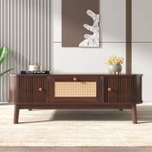 Coffee Table - Rattan Coffee Table, Drawers With Rattan And Sliding Doors With Solid Wood Slats, Solid Wood Legs, Natural Country Style. - Natural - View 3