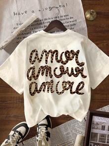 T-shirt décontracté à col rond et manches courtes pour femmes avec imprimé léopard "More Love", vêtements d'automne, rentrée scolaire - Nude - Voir 2