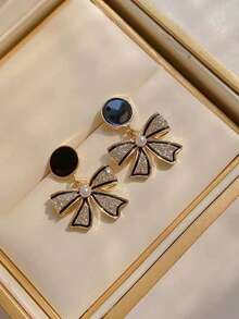 1对黑色蝴蝶结耳环，时尚、甜美、高端，适合女孩佩戴 - 彩色 - 查看 3