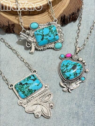 High-Quality Women's Retro Bohemian Western Turquoise Pendant Necklace, Turquoise Is Full, Each One Is Unique, Suitable For Different Styles, Suitable For Daily Wear Or Attending Gatherings, 2026 New Style, Great For Gifting On Important Holidays, You'll Receive Many Compliments When Wearing It, Add It To Your Jewelry Cabinet Now, Please Leave A 5-Star Review And Share Your Beautiful Photos If Satisfied With The Product