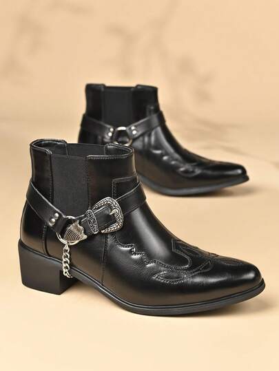 1双男士尖头PU皮鞋面橡胶鞋底轻便舒适商务休闲切尔西靴，适合休闲活动