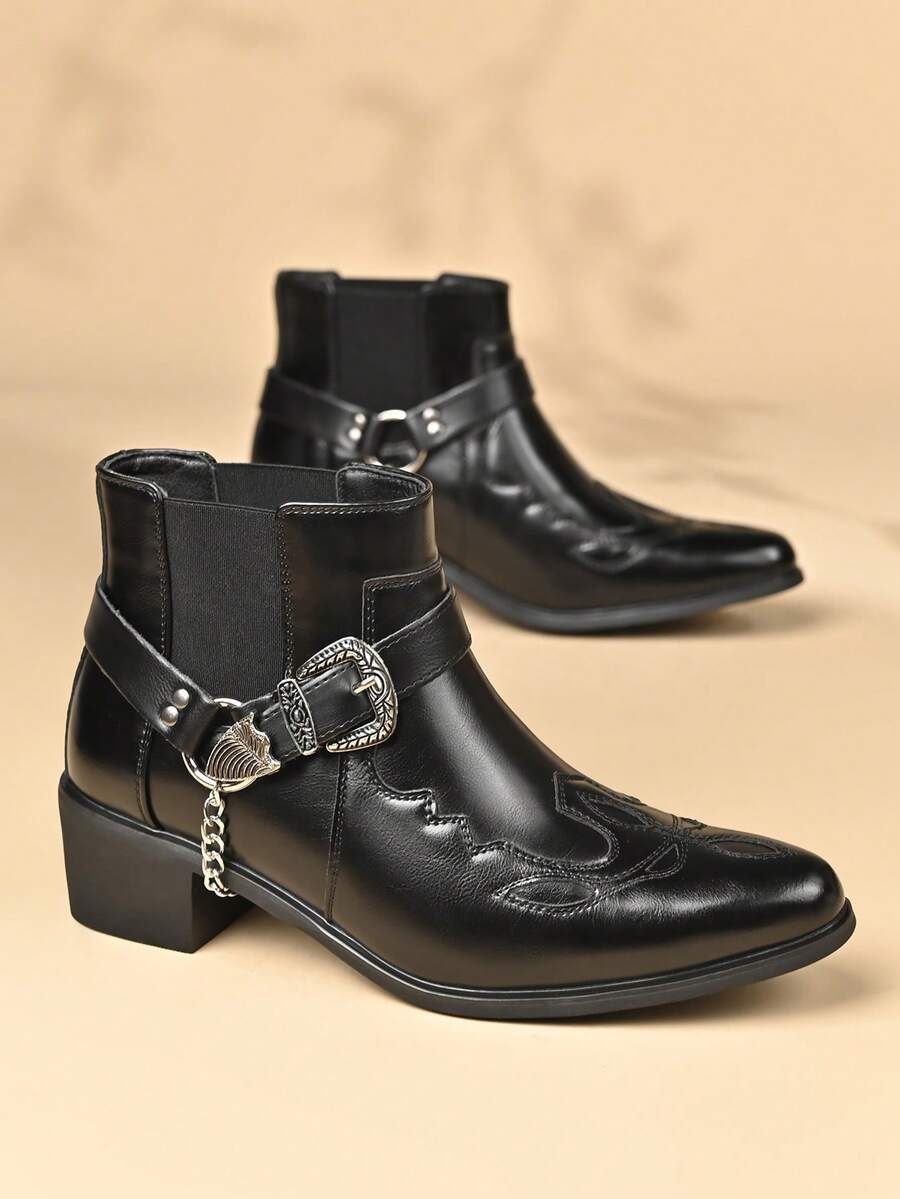 1双男士尖头PU皮鞋面橡胶鞋底轻便舒适商务休闲切尔西靴，适合休闲活动 - 黑色 - 查看 1