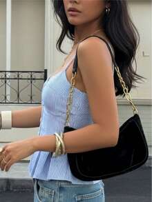 1 buc Top camisol pentru femei cu decolteu în V, design cu tiv plisat, potrivit pentru ținute casual, ieșiri cu prietenii, ședință foto la modă, cămașă camisol plisată cu dungi și nasturi în față, potrivită pentru casual, plajă, întâlniri de seară, toate anotimpurile - Bleu - Vizualizare 6