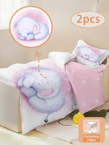 1/2PCS Soft Pink Cartoon Animal Bedding Set (Duvet Cover + Pillowcase)Cute Sleeping Elephant Kids Bed Decor For Kids/Teens (Toddler/Twin Size)For Group Bulk Order Modern, Colorful, Cute And Casual, Ideal Gift For Him/Her - Multicolor - View 3
