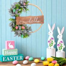 Spring Easter Wreath With Hello Sign - Wooden Bead And Faux Greenery Door Decor, Pastel Eggs Hanging Wreath For Front Door, Entryway, Porch Farmhouse Decor - Multicolor - View 5