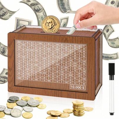 10000 Savings Challenge Box, Cash Box Money Box Cash Storage Room Wooden Savings Box Money Box, Coin Counter Adult Savings Jar, Money Box With Counter, Suitable For Couples Challenge And Travel Planning