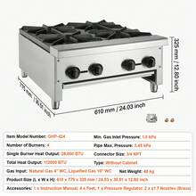 Estufa de gas comercial con 4 quemadores, Gama de estufas de cocina de encimera de propano y gas natural, Placa caliente de gas de acero inoxidable, Equipo de cocina comercial para restaurante,112.000 BTU - 4 quemadores - Ver 7