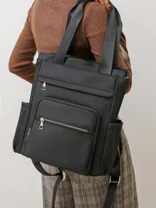 Mochila de gran capacidad de unicolor y multifunción para mujer, mochila minimalista casual para estudiantes, bolso de hombro de estilo universitario simple, adecuada para la escuela, la universidad, la escuela secundaria, los desplazamientos, la oficina y otras ocasiones - Negro - Ver 3