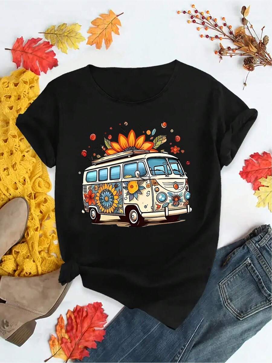 Fashionable Printed Van T-Shirt, Round Neck Short Sleeve Sporty Tee, Comfortable Top For Women - Black - View 1