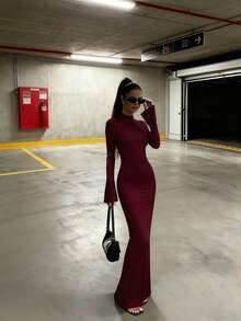 Women's Elegant Stand Collar Floor-Length Dress | Mermaid Hem Bell Sleeves Slim-Fit Casual Outfit | Suitable For Commute, Date, Gathering, Banquet, - Burgundy - View 4