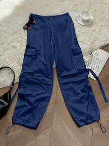 Quần cargo phong cách Y2K, túi nắp, chi tiết dây đeo, quần ống rộng thoải mái, nhẹ, thích hợp cho nữ mùa xuân. - xanh đậm - Xem 7