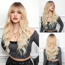 Peluca rubia ombre con flequillo, peluca larga y rizada ondulada ombre, peluca de cabello sintético para uso diario, fiestas, disfraces y cosplay - Peluca negra con flequillo rubio - Ver 4