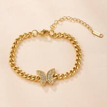 1pc Multi-Color 18K Gold Stainless Steel Butterfly & Heart Cubic Zirconia Rhinestone Chain Bracelet, Titanium Steel Jewelry Suitable For Couples, Friends, Daily Wear - Multicolor - View 15