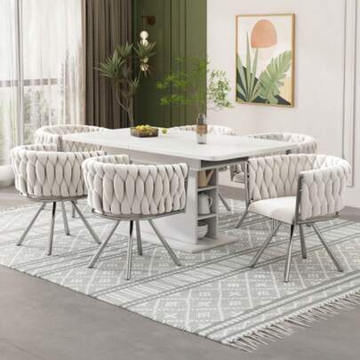Samt-Esszimmerstuhl, 6er Set, Einzelner Heller Luxus-Wohnzimmer-Schlafzimmer-Drehstuhl, Freizeit-Drehstuhl Mit Vier Stützbeinen Aus Metall,Beige Und Gold