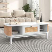 Coffee Table - Rattan Coffee Table, Drawers With Rattan And Sliding Doors With Solid Wood Slats, Solid Wood Legs, Natural Country Style. - White - View 3