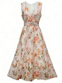 Women's Floral Print Elegant Vintage Zip-Up Pleated Sleeveless Casual Dress, Suitable For Spring, Summer, Autumn - Multicolor - View 6