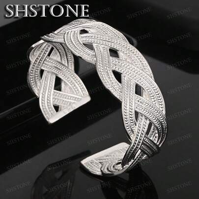 Wedding Women Lady 925 Sterling Silver Open Bangle Fashion Jewelry Exquisite Temperament Retro Trumpets Braided Bracelet