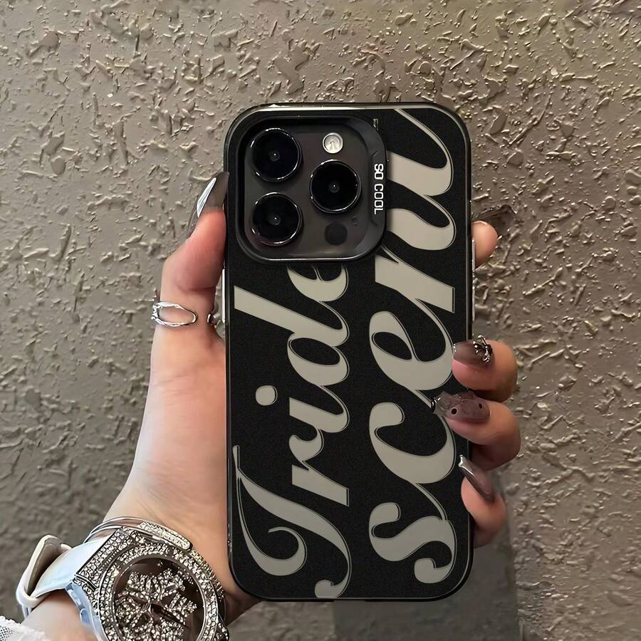 Fashionable Black Line Pattern Design Phone Case, Handwritten Style, Compatible With IPhone 16/15/14/13/12 Pro Max Multi-Camera Version, Shockproof Gray Soft Shell - Multicolor - View 1