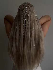 1件新款网纱流苏发箍，优雅新娘婚礼水钻发箍头饰，适合准新娘、派对、女士发饰 - 金色 - 查看 1