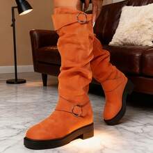 These Versatile Women's Chunky-Heeled Knee-High Boots Feature A Wide Leg And A Bonded Design. The Solid Color And European/American Style Are Accented With A Retro-Inspired Pleated Pointed Toe, Exuding A Fashionable Vibe. - màu cam sáng - Xem 4