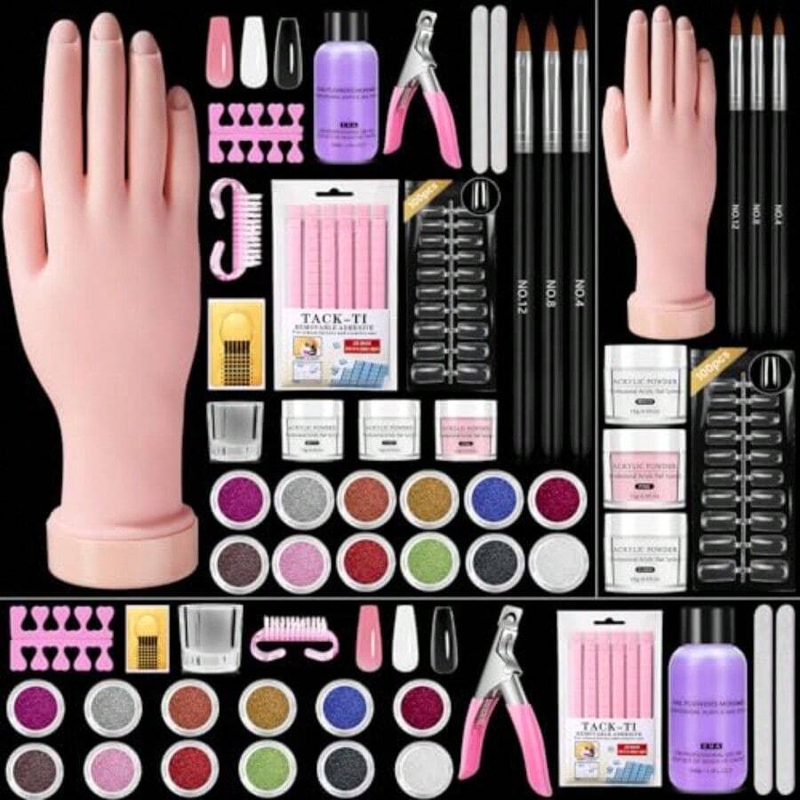 Practice Hand For Acrylic Nail: Fake Hand With Stand Nails Kit Acrylic Set - Professional Nail Mannequin Hand For Beginners Salon - Bộ dụng cụ làm móng acrylic màu hồng - Xem 1